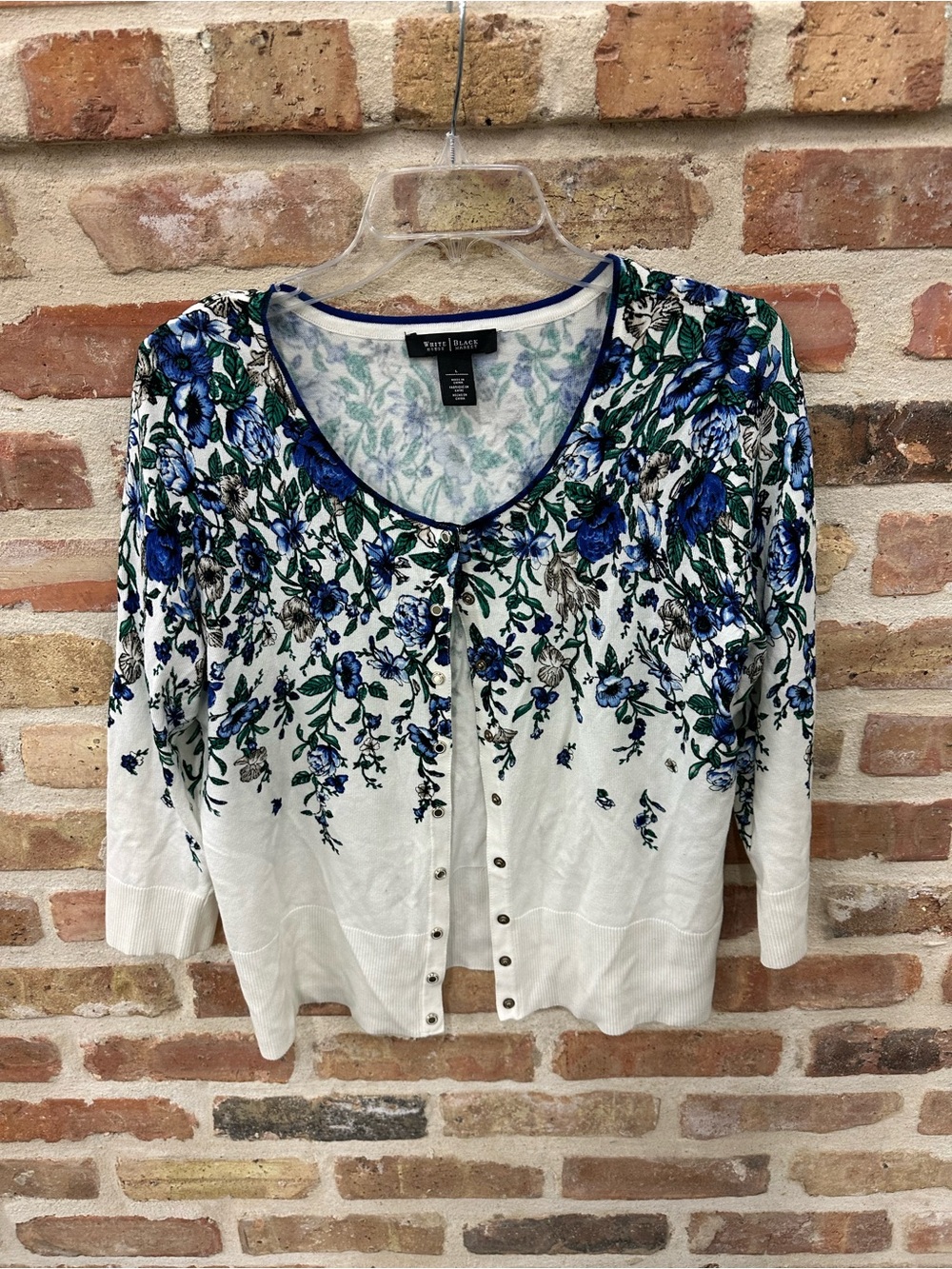 White House Black Market White Cardigan with Blue and Green Floral Print